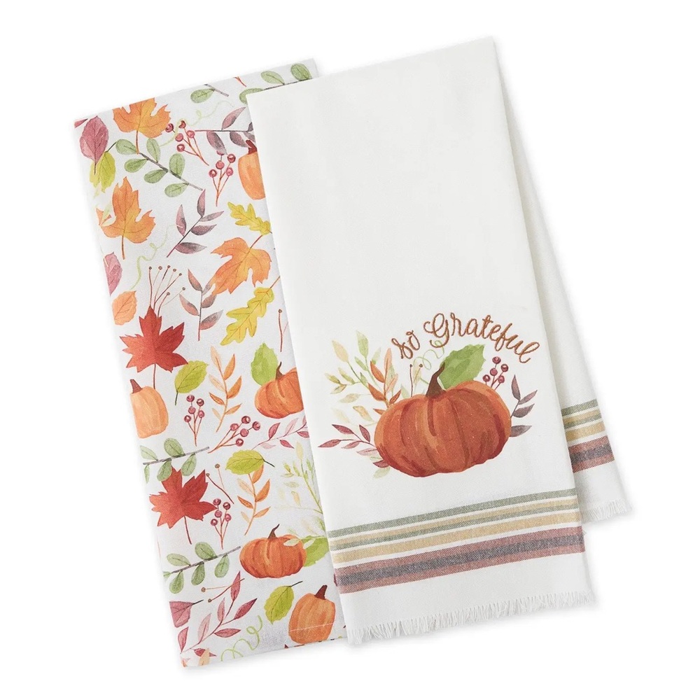 Autumn Leaves and Pumpkins Grateful Harvest Kitchen Dishtowel (Set of 2)